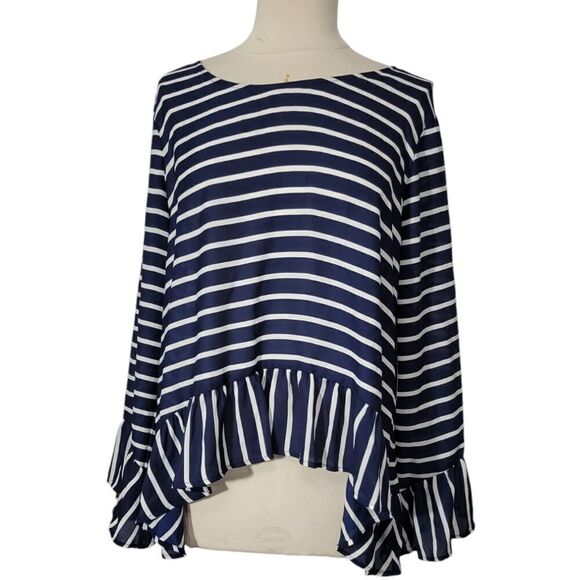 A.n.a Navy Stripe Peplum Hem Blouse With Ruffles Size XL NWT - Picture 2 of 11